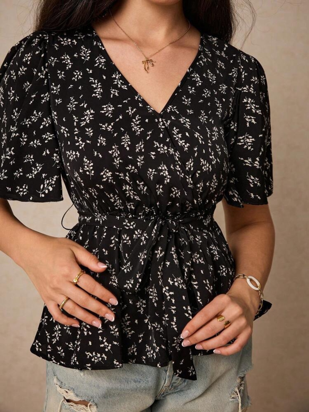 Black Floral V-Neck Tie-Waist Blouse